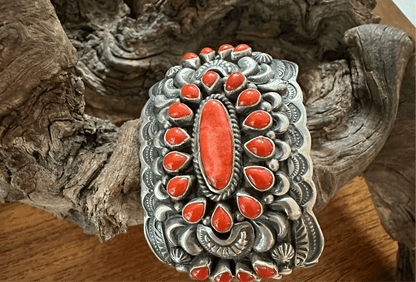 Wide Cuff with Red Coral and Spiny Oyster, Darryl Becenti - Turquoise Mustang