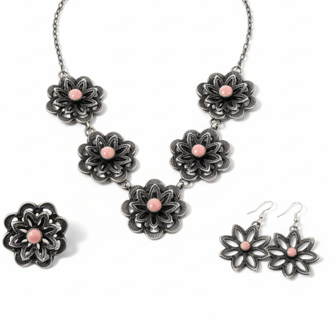 Necklace (3 pc. Set) 5 station, Camelia Flowers with Pink Conch, Kevin Billah - Turquoise Mustang