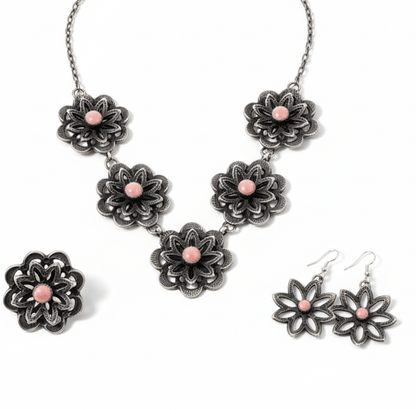 Necklace (3 pc. Set) 5 station, Camelia Flowers with Pink Conch, Kevin Billah - Turquoise Mustang