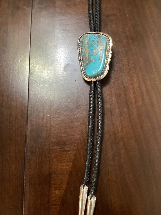 Bolo, Hi - grade Kingman Turquoise Cab, Cut bezel, ES (Ellen Senter) hallmark (1) - Turquoise Mustang