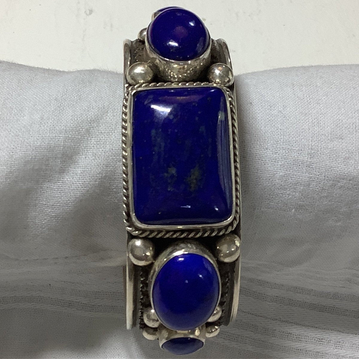Bracelet, 5 - Stone Lapis w Rect. Center, 3 - Row Stamp, by Guy Hoskie - Turquoise Mustang