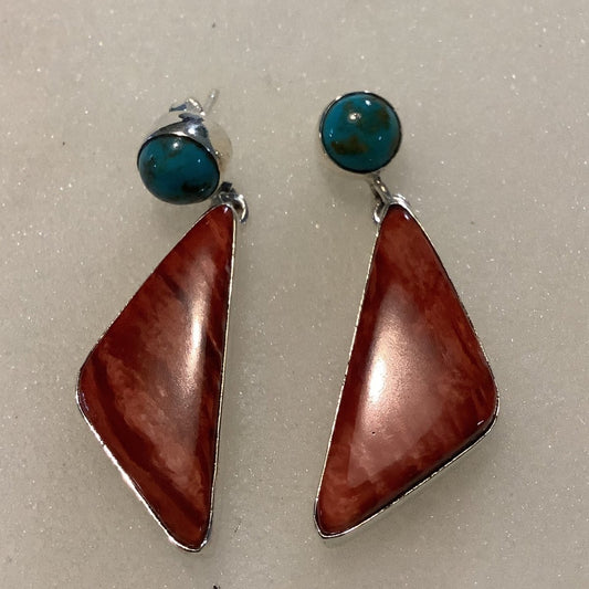 Earrings, Turquoise Oyster, Turquoise studs w Spiny Oyster Cabs, DD - Turquoise Mustang