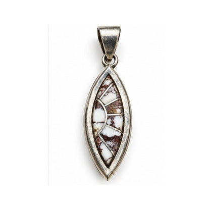 Zuni-Stamped Sterling Silver Marquise Pendant with White Matrix Stone Inlay - Turquoise Mustang