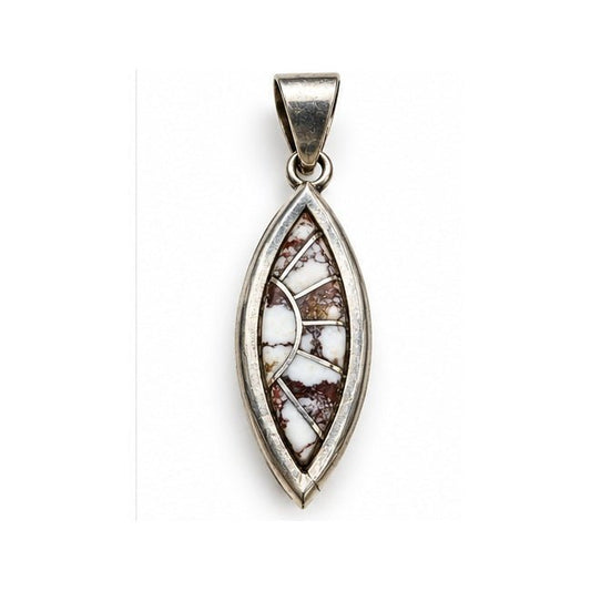 Zuni-Stamped Sterling Silver Marquise Pendant with White Matrix Stone Inlay - Turquoise Mustang