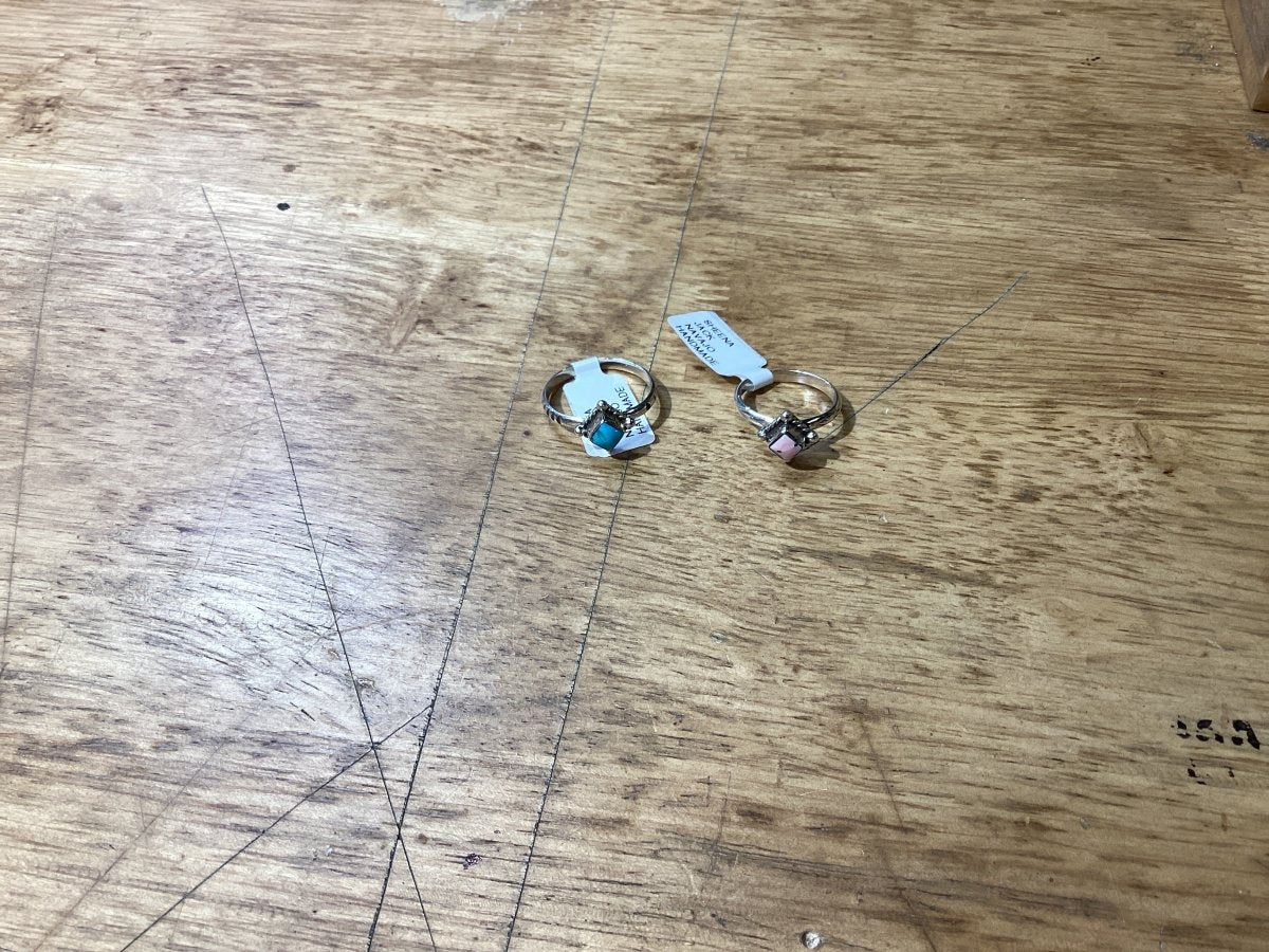 Assorted Small Rings, Pink Conch & Turquoise Diamond by Sheena Jackie - Turquoise Mustang