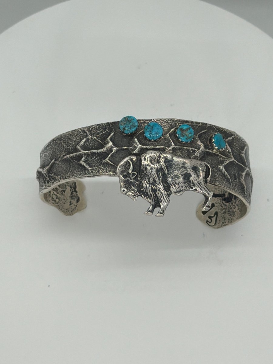 Tufa Cast Sterling Silver Cuff Bracelet with Bison and Corn Motif, by AC Henry - Turquoise Mustang