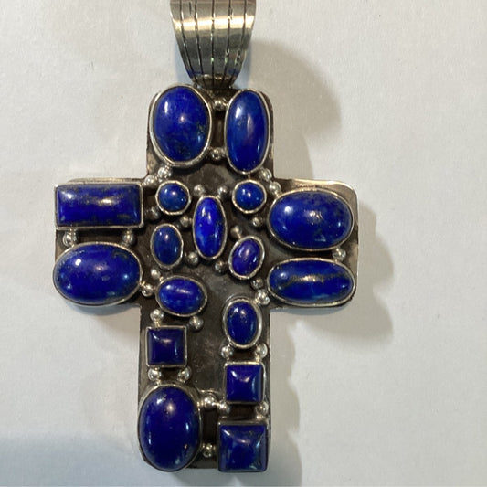 Pendant, Cross, Large Lapis , 17 mixed bezel set stones, DD - Turquoise Mustang