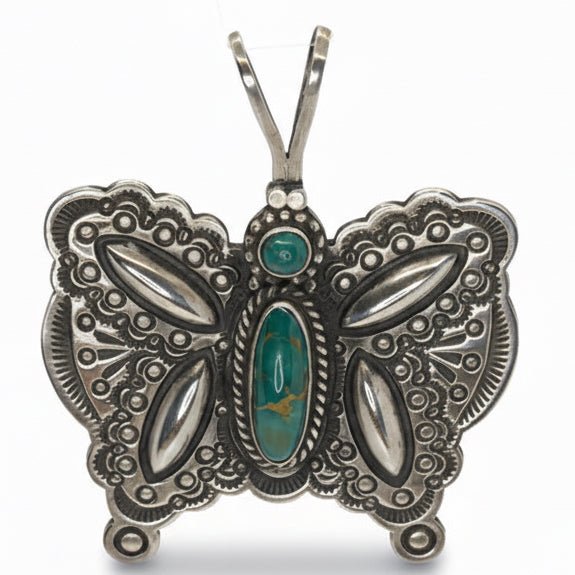 Royston Turquoise Butterfly Pendant / Pin, Sterling Silver, HS Hallmark - Turquoise Mustang