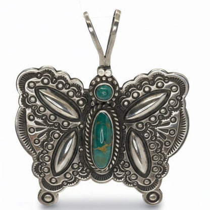 Royston Turquoise Butterfly Pendant / Pin, Sterling Silver, HS Hallmark - Turquoise Mustang