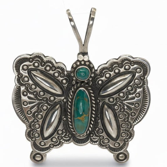 Royston Turquoise Butterfly Pendant / Pin, Sterling Silver, HS Hallmark - Turquoise Mustang