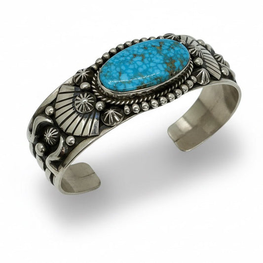 Kingman Waterweb Medium Cuff with Stamp - Work and overlay, J Delgarito - Turquoise Mustang