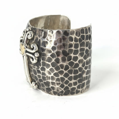 Hammered Sterling Silver Cross Cuff Bracelet with 14K Gold Heart, G.J. Nez - Turquoise Mustang