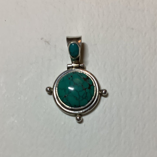 Pendant, Small 4 Points bezel with Round Spiderweb TQ and Bail Stone, Hopi Shop - Turquoise Mustang
