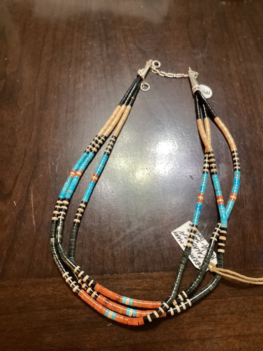 Gerard and Mary Calabaza, Tewa 18" 3 - Strand Perfect Heishi Necklace - Turquoise Mustang