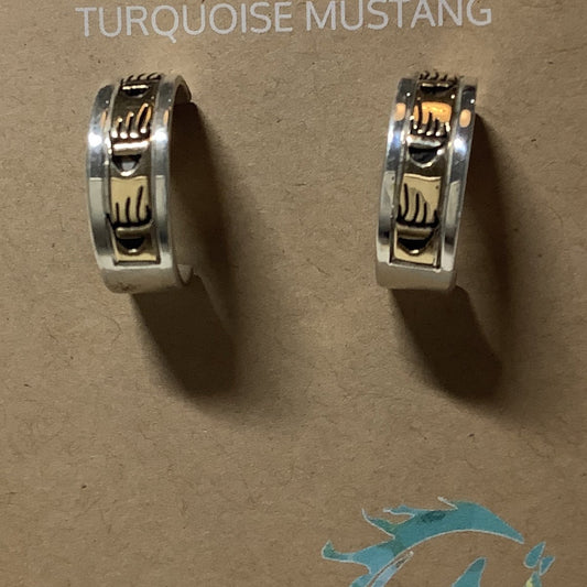 Earring,3/4 hoop, gold overlay bear paws, Peggy Skeets - Turquoise Mustang
