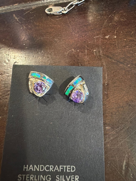 Zuni Inlay Opal and Amethyst Stud Earrings - Turquoise Mustang