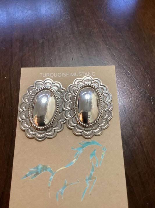 Earring, All Silver, stamped oval Concho posts, unknown - Turquoise Mustang