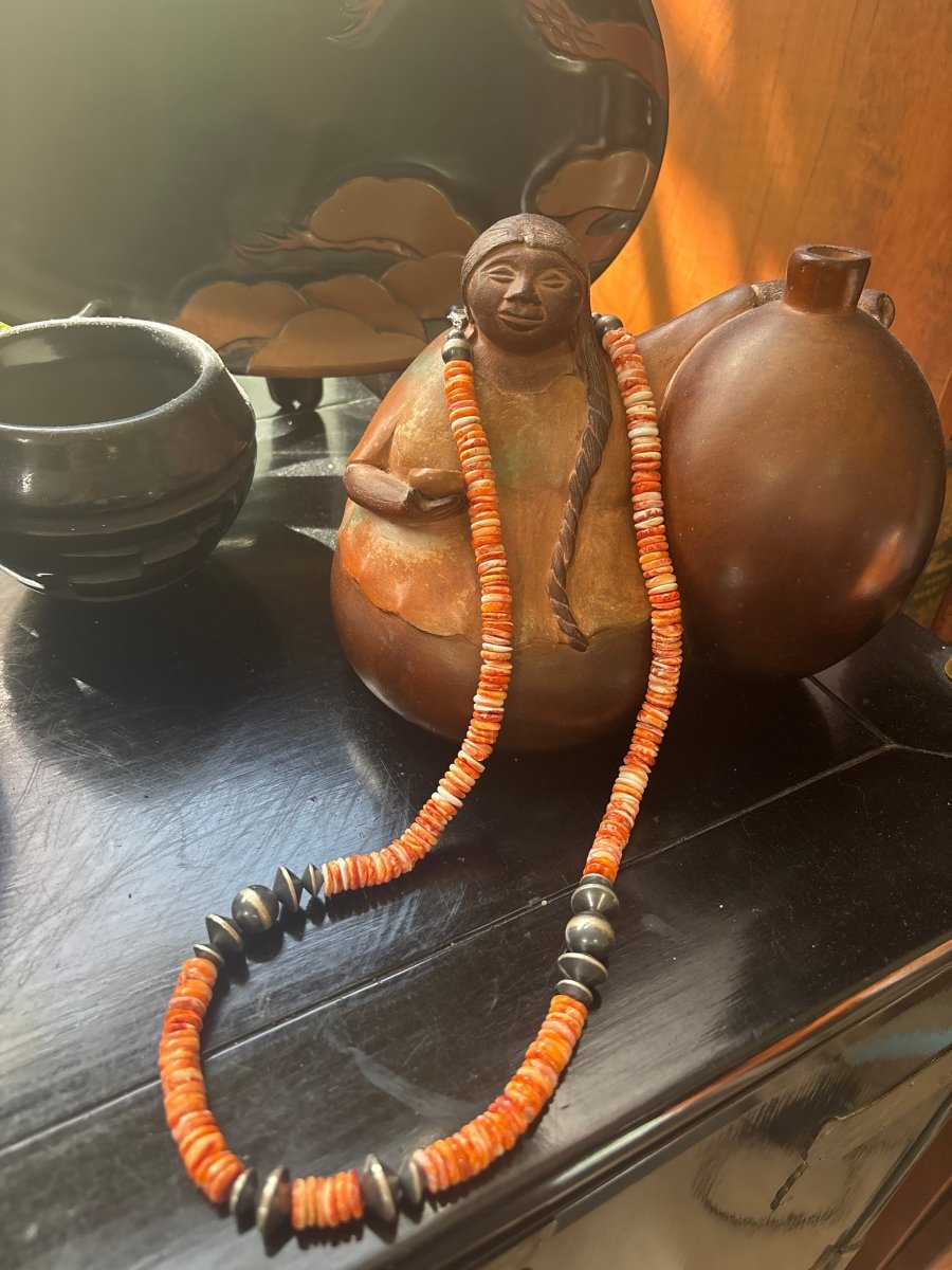 Necklace, 25" x 10mm premium Orange spiny oyster heishi, 10 - 14mm saucer pearls and 14mm riynd pearls, TM - Turquoise Mustang