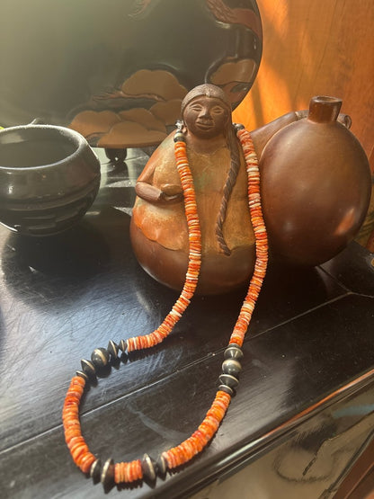 Necklace, 25" x 10mm premium Orange spiny oyster heishi, 10 - 14mm saucer pearls and 14mm riynd pearls, TM - Turquoise Mustang