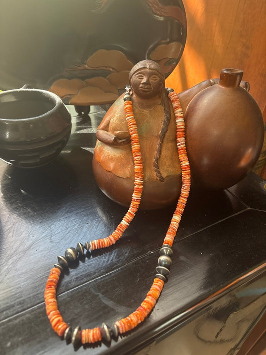 Necklace, 25" x 10mm premium Orange spiny oyster heishi, 10 - 14mm saucer pearls and 14mm riynd pearls, TM - Turquoise Mustang