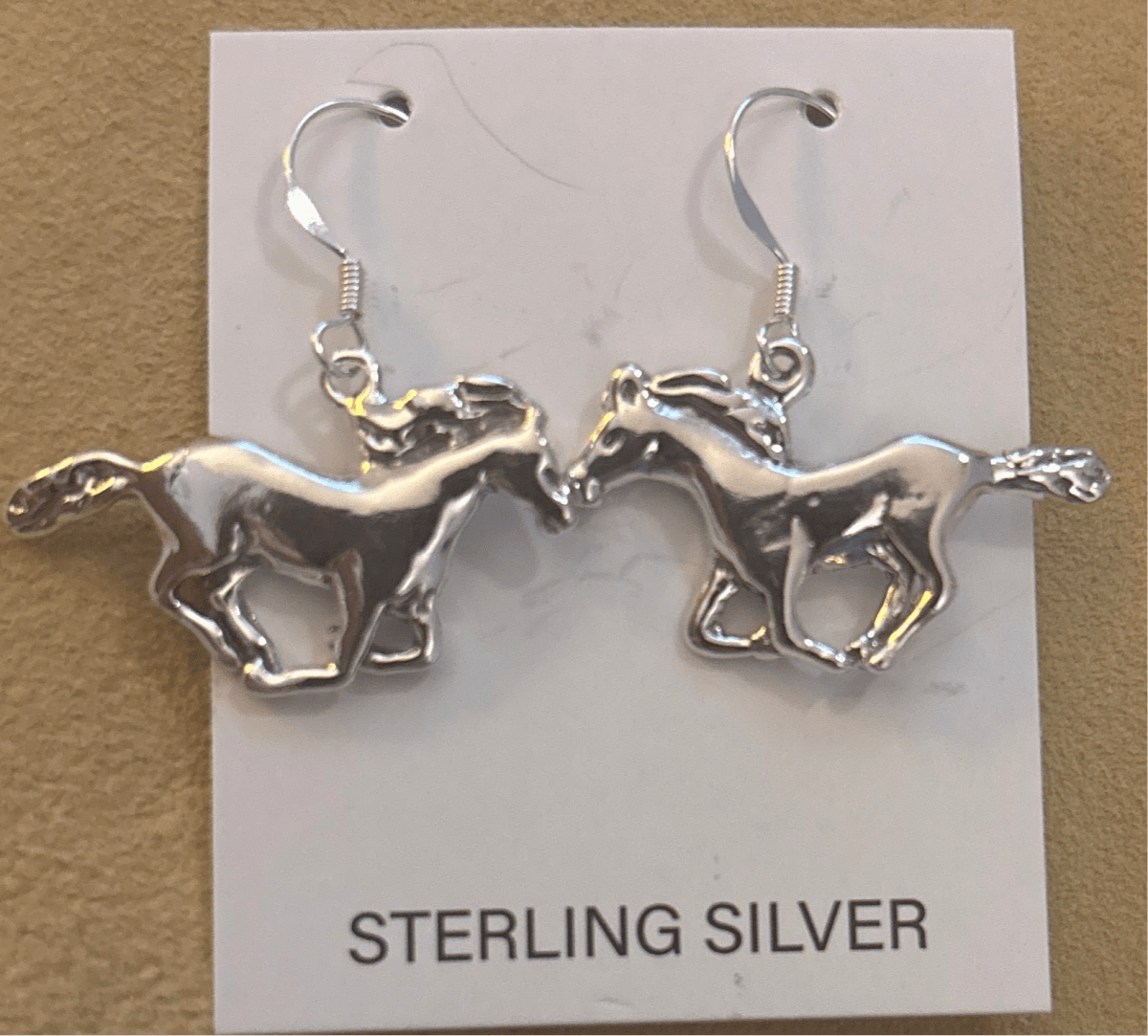 Earring, All Silver, cast mustang horses on hooks, - Turquoise Mustang