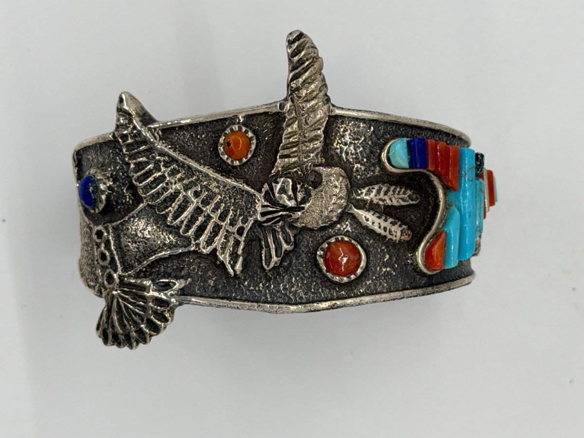Tufa Cast Hummingbird Kachina Cuff with Cobblestone Inlay — Lester James - Turquoise Mustang