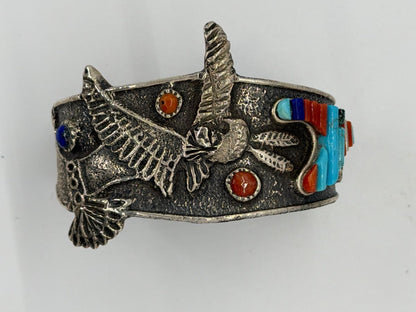 Tufa Cast Hummingbird Kachina Cuff with Cobblestone Inlay — Lester James - Turquoise Mustang