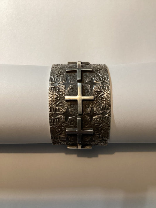 Bracelet, All silver tufa cast, 7 overalyed Navajo crosses, and stamp work, Ronnie Willies - Turquoise Mustang