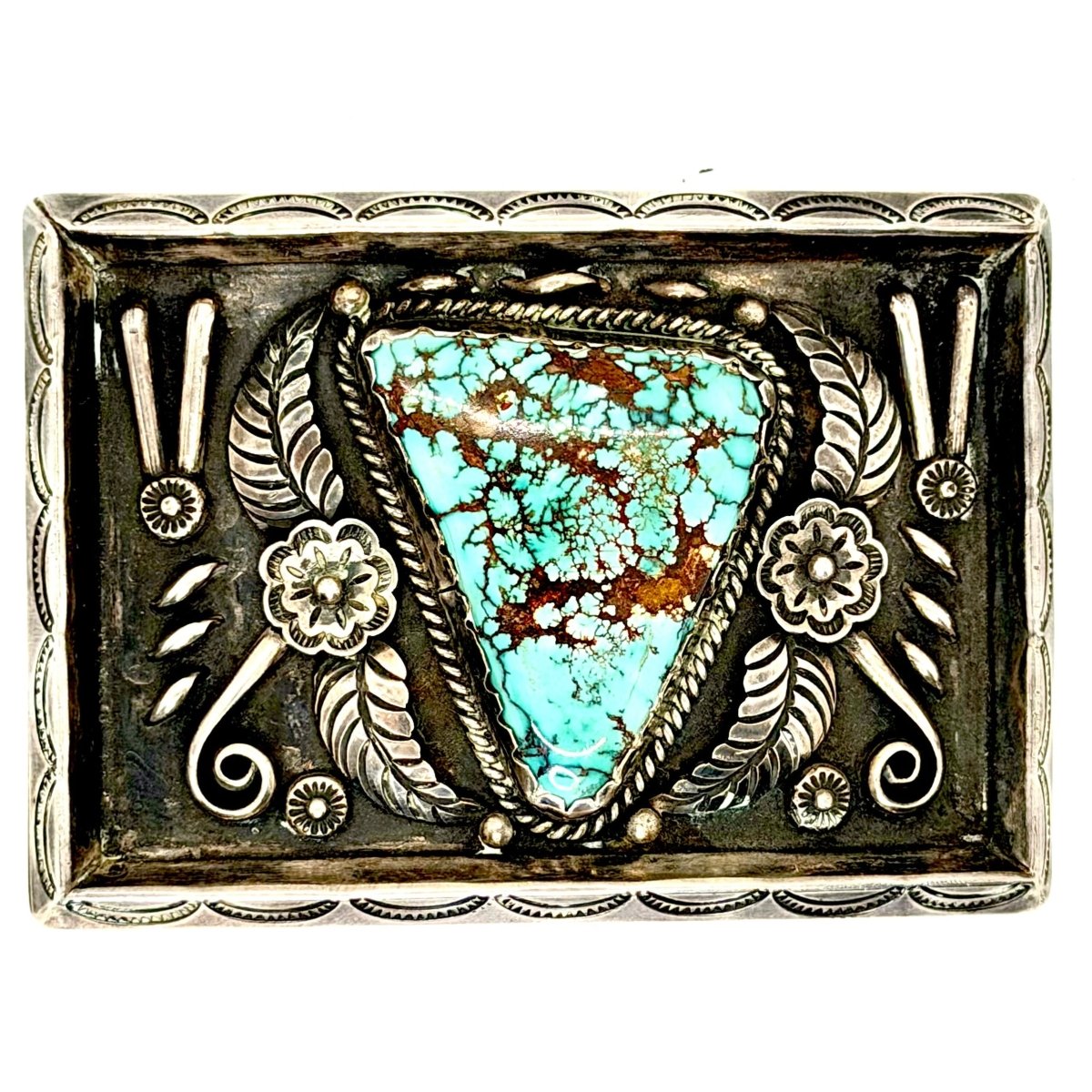 Vintage Navajo Turquoise 3 - Piece Statement Set — Mega Cuff, Ring & Belt Buckle | Sterling Silver Rosette & Leaf Appliqué, Thompson Platero - Turquoise Mustang