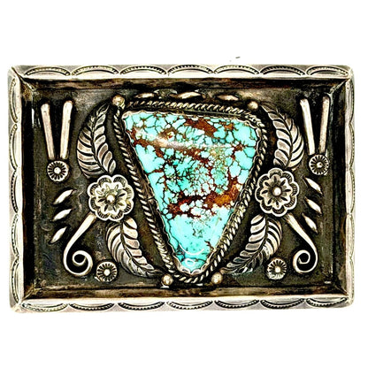 Vintage Navajo Turquoise 3 - Piece Statement Set — Mega Cuff, Ring & Belt Buckle | Sterling Silver Rosette & Leaf Appliqué, Thompson Platero - Turquoise Mustang
