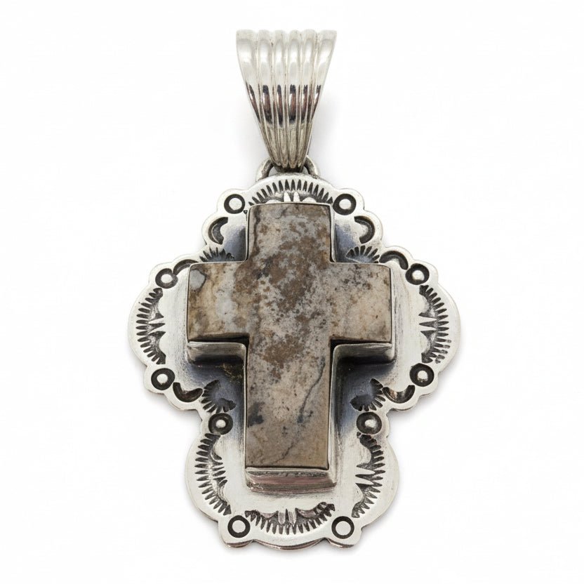 Picture Jasper Cross Pendant in Sterling Silver with Flat Stamped Bezel, Dan Dodson - Turquoise Mustang