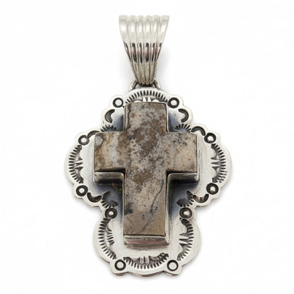 Picture Jasper Cross Pendant in Sterling Silver with Flat Stamped Bezel, Dan Dodson - Turquoise Mustang