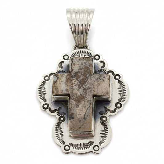 Picture Jasper Cross Pendant in Sterling Silver with Flat Stamped Bezel, Dan Dodson - Turquoise Mustang