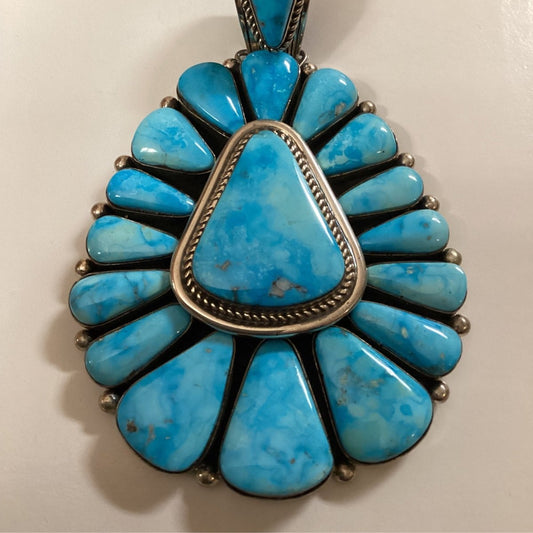 Pendant, huge cluster, triangular center surrounded by 16 teardrops, Blue Ridge Turquoise, Harley Jake - Turquoise Mustang