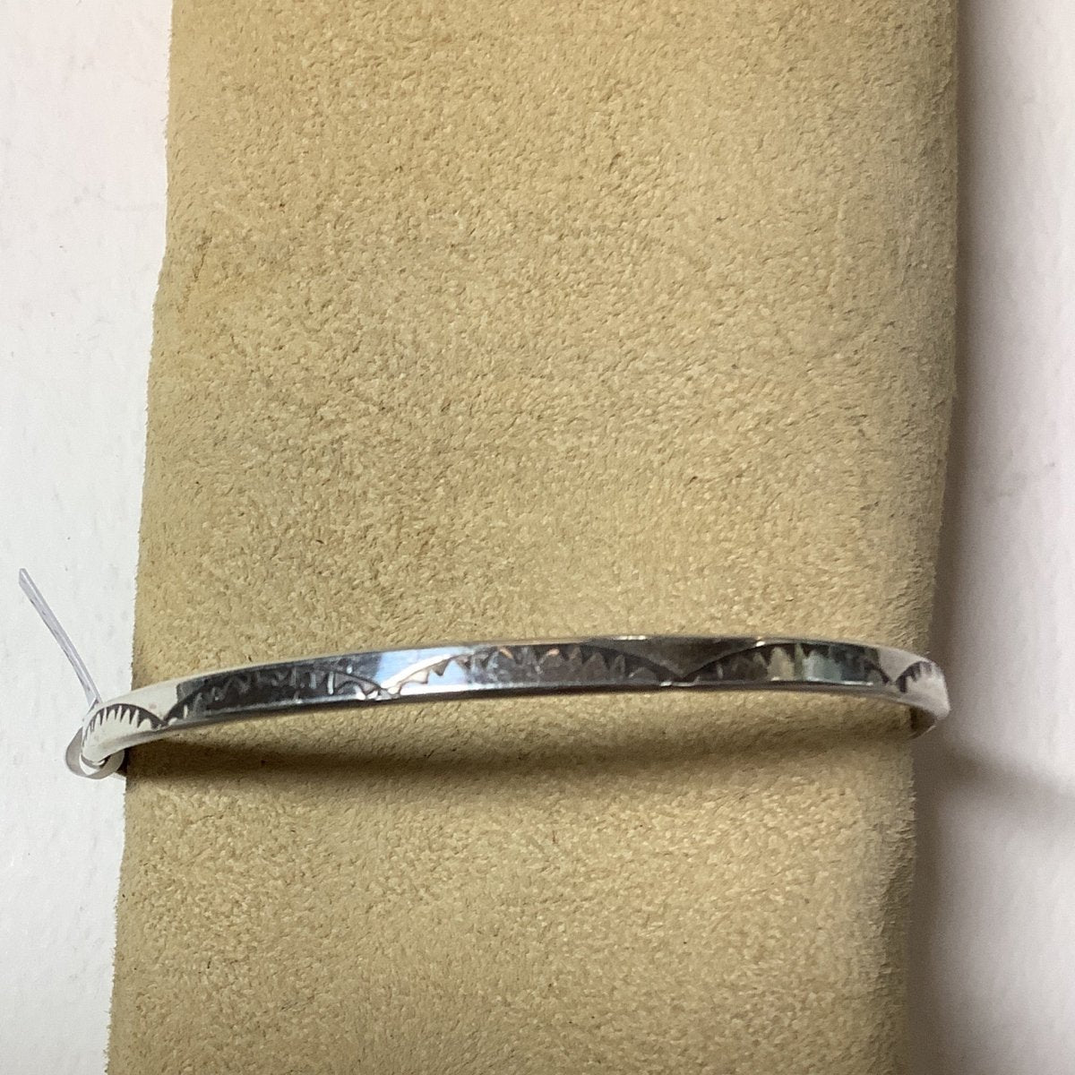 Bangle, size small, stamped, square wire, mountain scape, Elaine Tahe - Turquoise Mustang