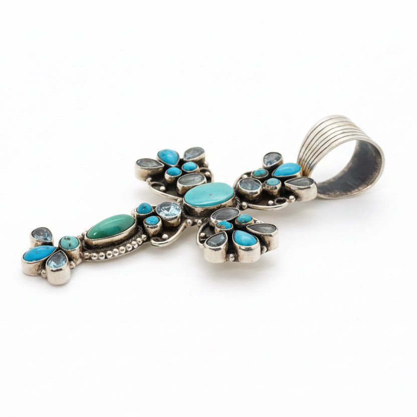 Large 27 - Stone Turquoise & Blue Topaz Cluster Cross Pendant, Dan Dodson - Turquoise Mustang