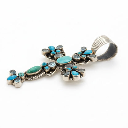 Large 27 - Stone Turquoise & Blue Topaz Cluster Cross Pendant, Dan Dodson - Turquoise Mustang