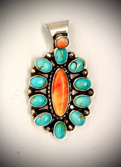 De Chelly , 11 Stone Kingman and Orange Spiny Oyster Cluster Pendant - Turquoise Mustang