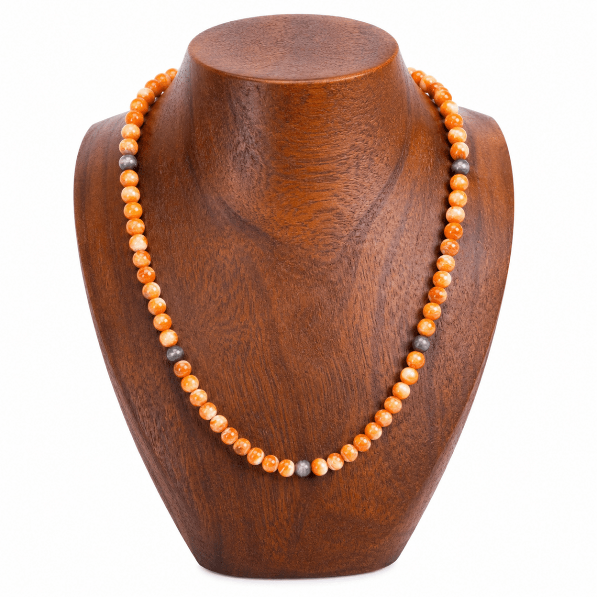 23" 8mm Red Spiny Oyster Round Bead Necklace with 8mm Sterling Silver Pearl Accent Beads - Turquoise Mustang