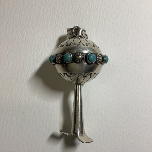 Pendant, Extra Large Squash blossom, turquoise cabs, stamp work globe & bale, DD - Turquoise Mustang