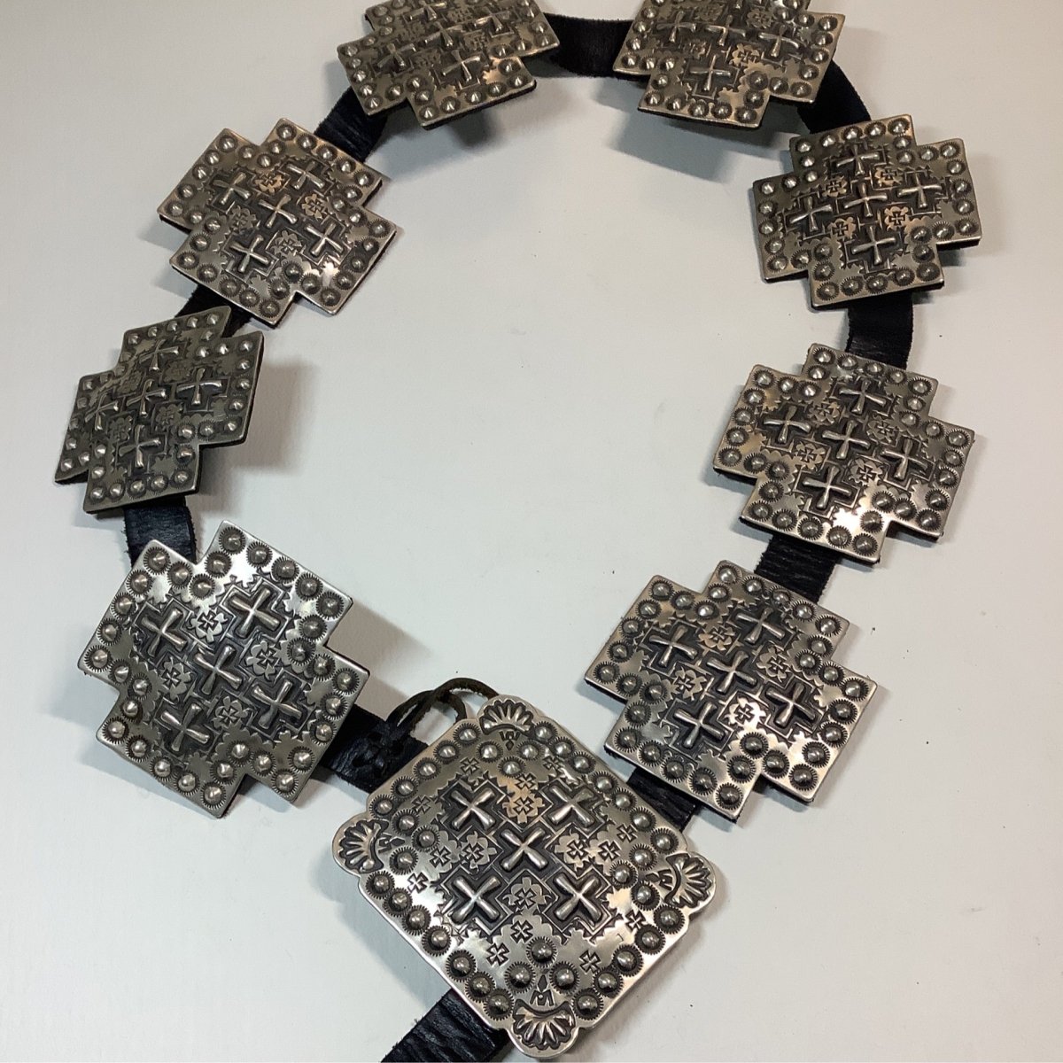 Concho Belt, Large Repousse Crosses, Ronnie Willie - Turquoise Mustang