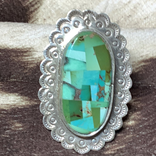 Large Ring, Carico Lake Mosaic Oval, Stamped Bezel, by Rita Dawes - Turquoise Mustang