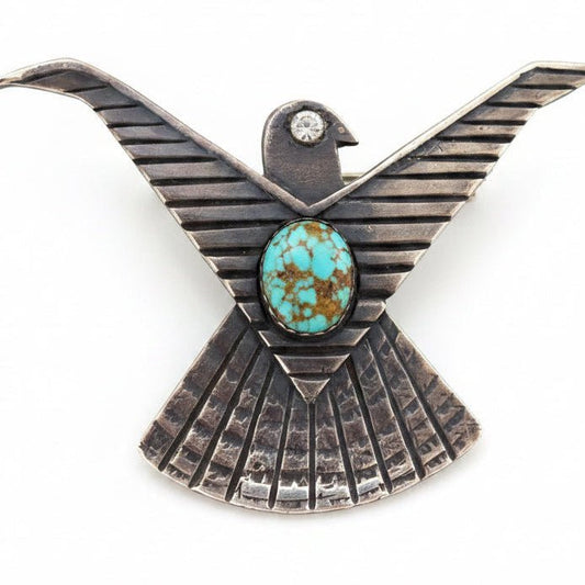 Antique Navajo Thunderbird Bolo Tie c.1960s | Pilot Mountain Turquoise & Genuine Diamond Eye Set in Sterling Silver - Turquoise Mustang