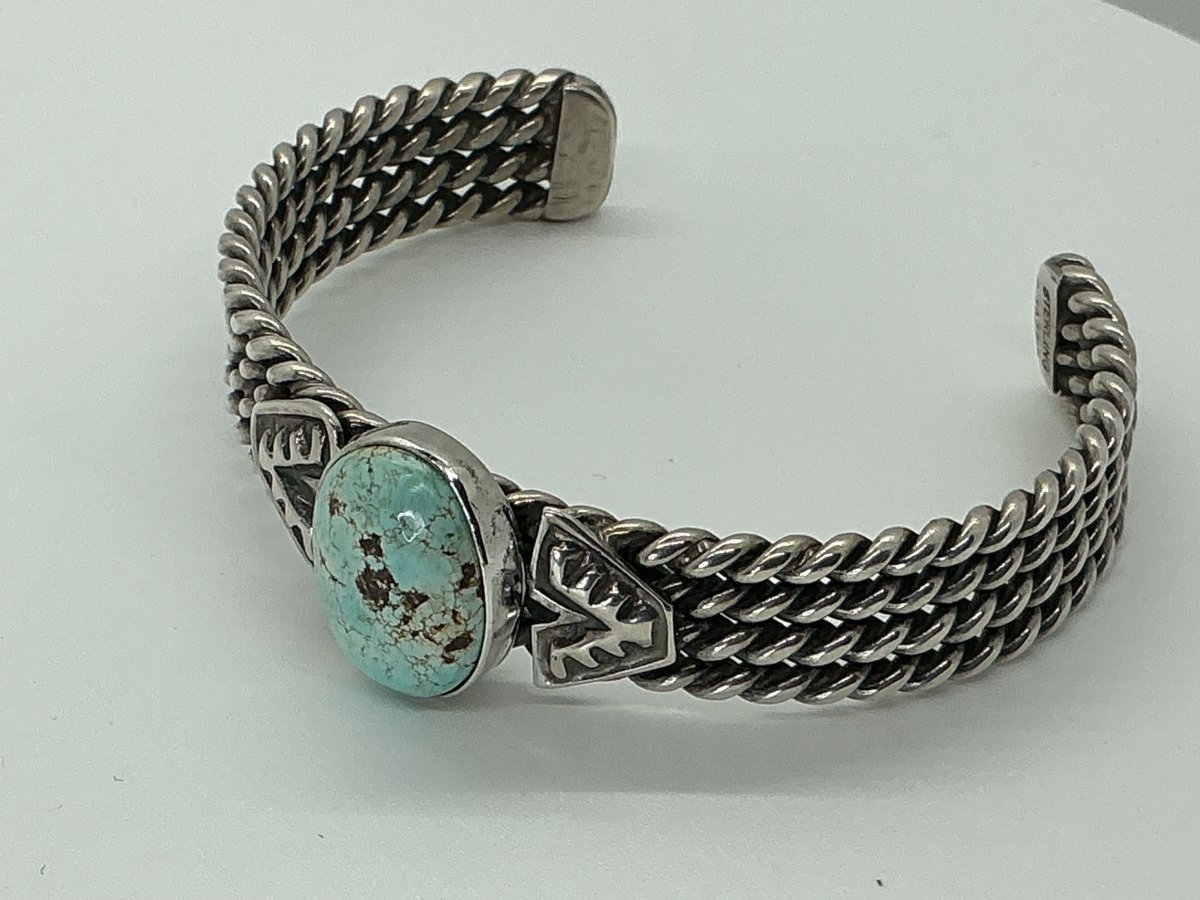 Dry Creek Cuff on Four - Strand Twisted Wire, by Chris Yazzie - Turquoise Mustang