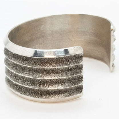 All - Sterling Tufa Cast Cuff Bracelet with Four - Groove Design, Bennie Bowakaty (Zuni) - Turquoise Mustang