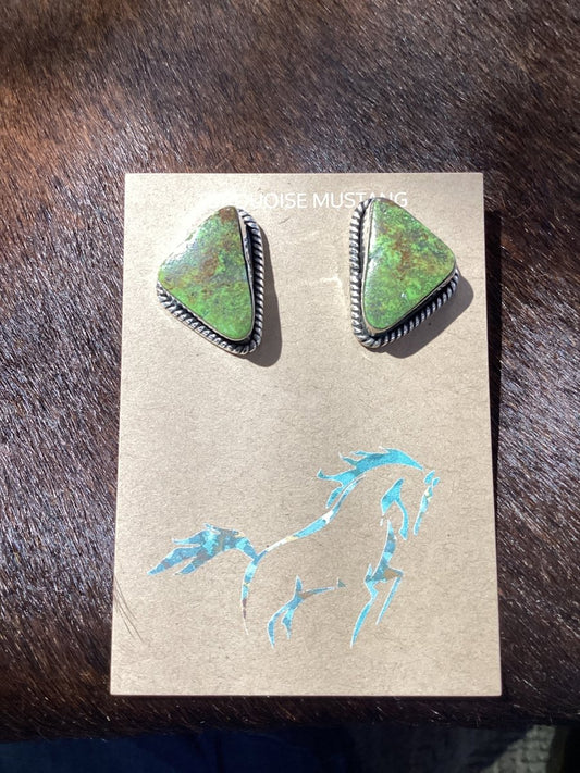 Earring, Turquoise No.8 mine, freeform triangle posts, DD - Turquoise Mustang
