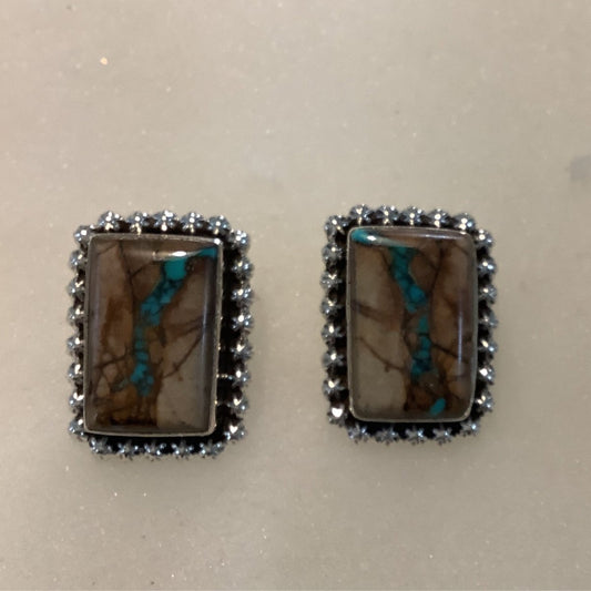 Earrings, Royston Ribbon Turquoise Cab, large rectangle, star bez, stud, DD - Turquoise Mustang