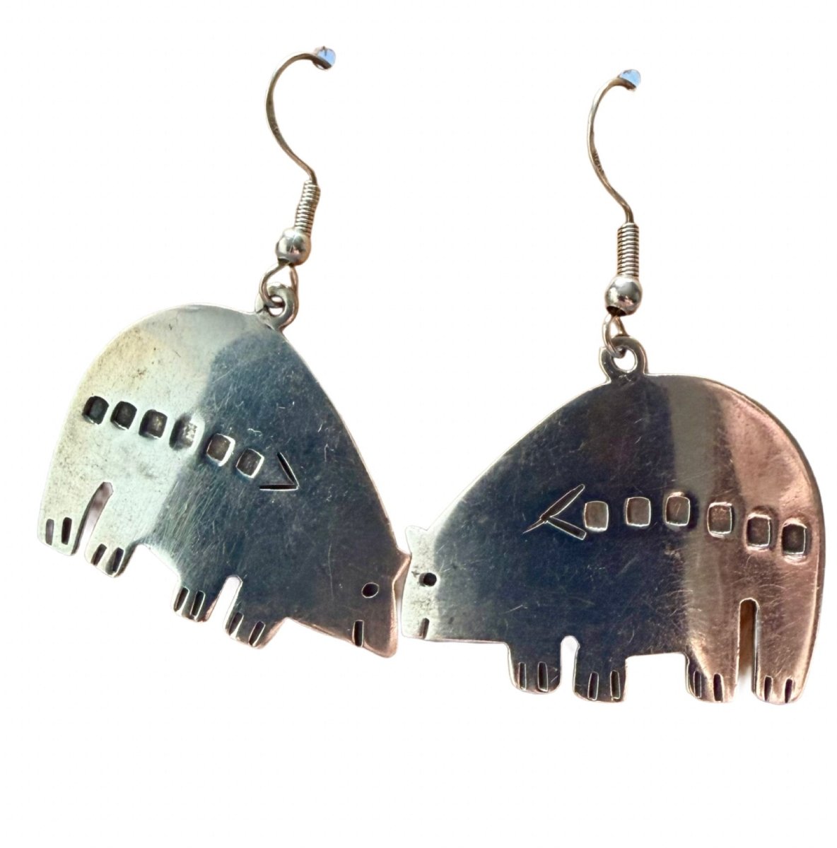 Vintage All Silver Spirit Bear Dangle Earrings, NAC - Turquoise Mustang