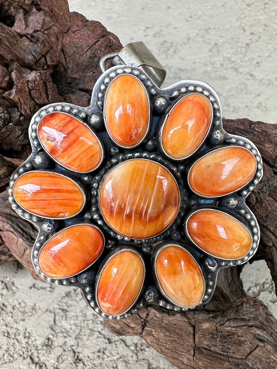 Large 10 - Stone Orange Spiny Cluster Pendant - Turquoise Mustang