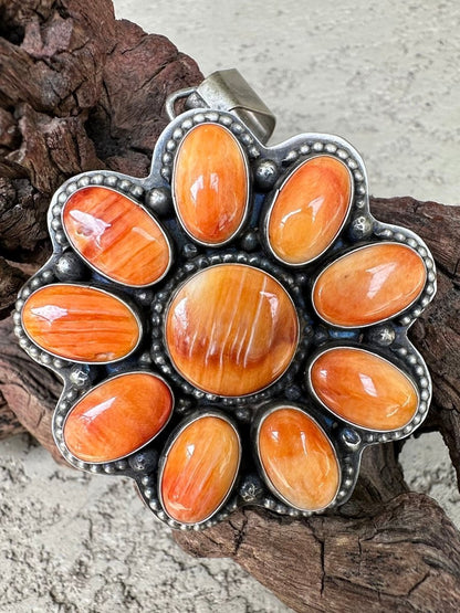 Large 10 - Stone Orange Spiny Cluster Pendant - Turquoise Mustang